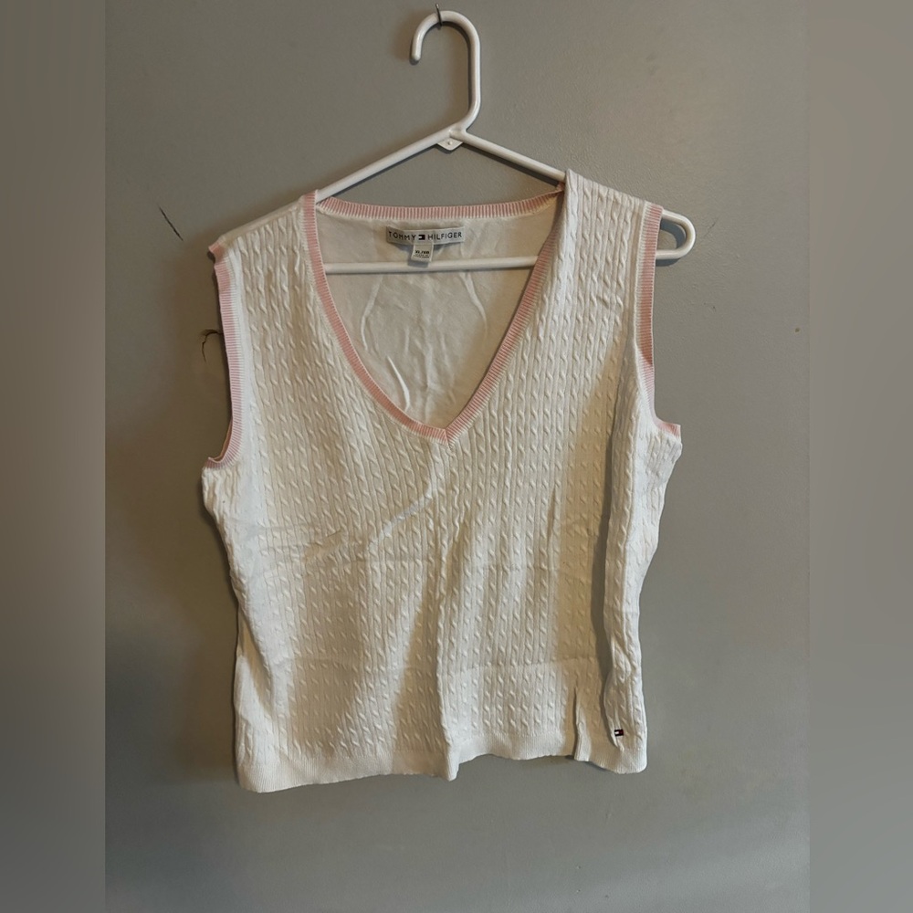 Tommy Hilfiger Women's Cream Knit Vest W/ Pink Trim